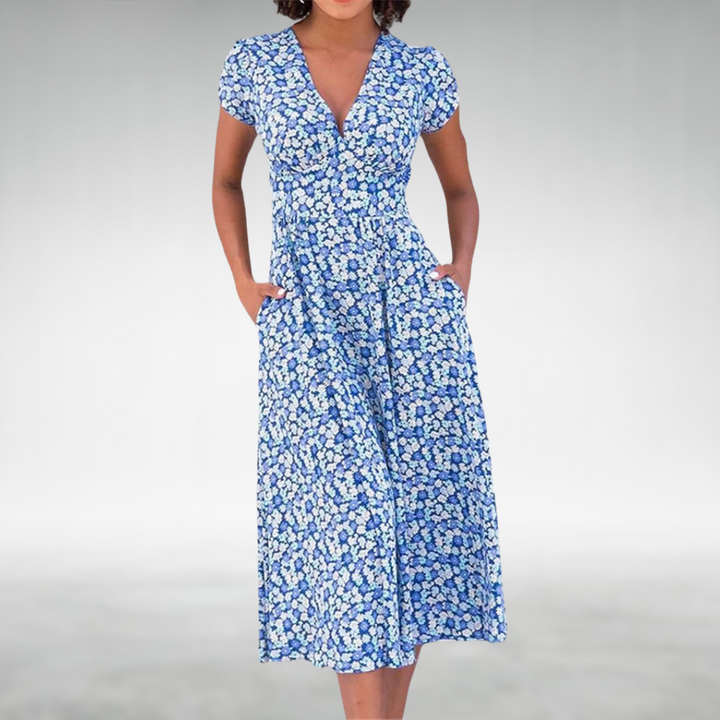 Clara | Women's V Neck Summer Midi Dress With Pockets