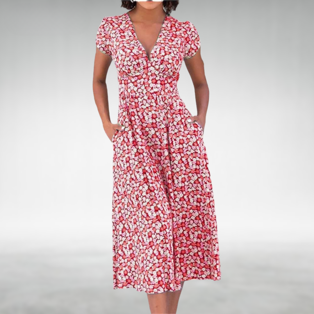 Clara | Women's V Neck Summer Midi Dress With Pockets