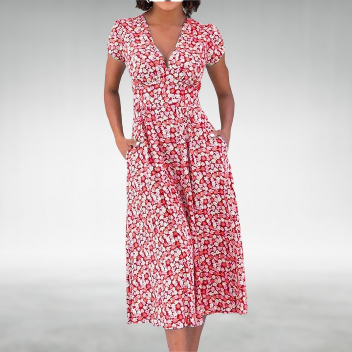 Clara | Women's V Neck Summer Midi Dress With Pockets