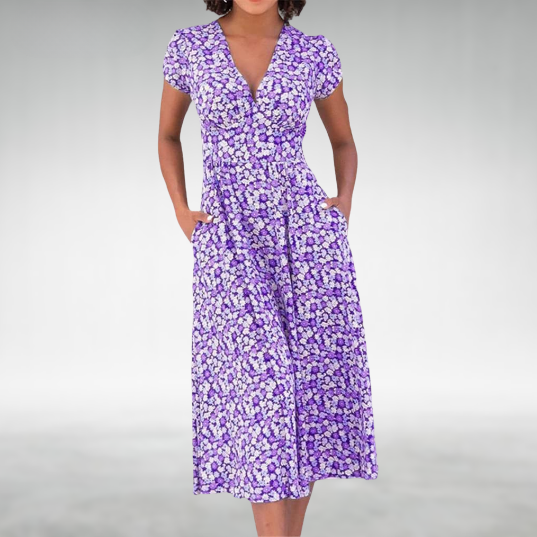 Clara | Women's V Neck Summer Midi Dress With Pockets