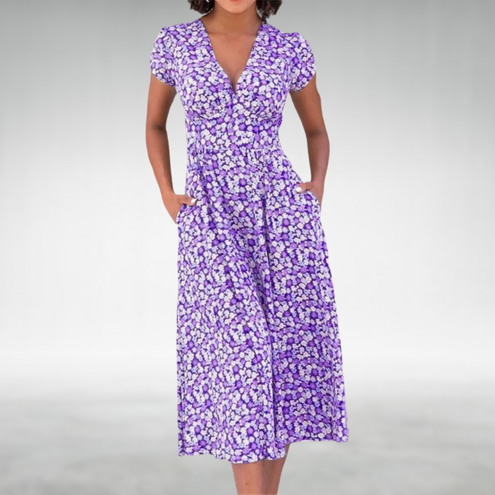 Clara | Women's V Neck Summer Midi Dress With Pockets