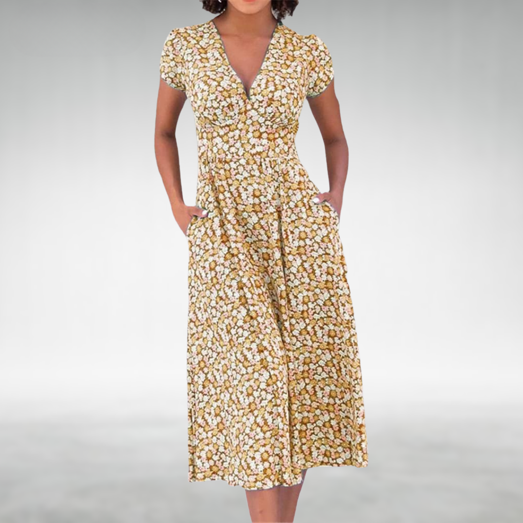 Clara | Women's V Neck Summer Midi Dress With Pockets