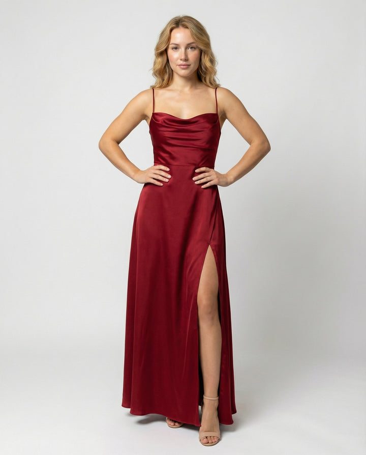 Clarissa | Women's Wedding Guest Satin Slit Maxi Dress